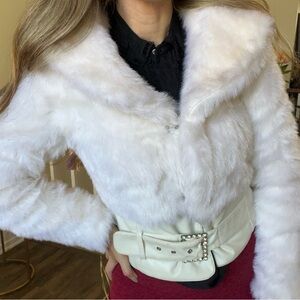 Wet Seal V Neck White Faux Fur Jacket Coat Faux Leather Belt Accent Buckle S